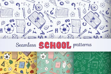 Set of seamless patterns with school objects