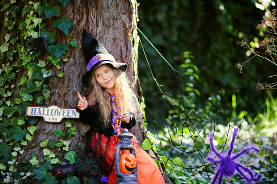 little girl in which costume celebrate Halloween outdoor and hav