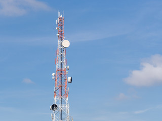 Telecommunications tower in a day of clear blue sky.