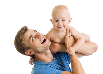 happy father and baby son in his hands having fun pastime isolat