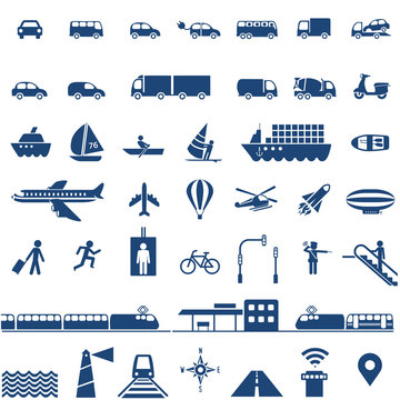 Transportation icons set - cars, ships, planes, trains