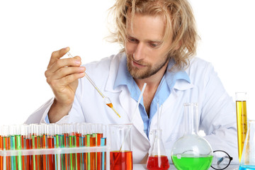 Crazy scientist working with tubes isolated on white