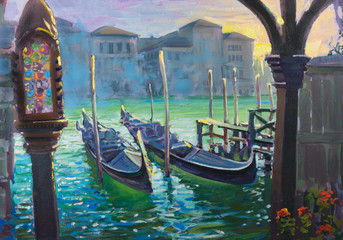 Gondolas in Venice, Italy, painting