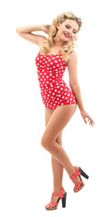 Beautiful girl with pretty smile in pinup style, isolated