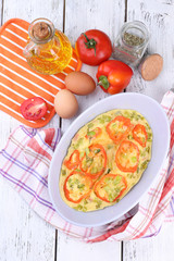 Casserole with vegetables in bowl  on table close-up