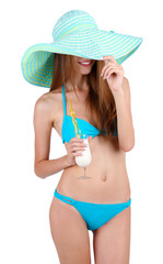 Beautiful young woman in swimsuit with cocktail isolated