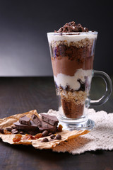 Yogurt, with chocolate cream, chopped chocolate and muesli