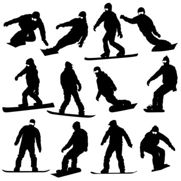 Black silhouettes set snowboarders on white background.