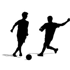 silhouettes of soccer players with the ball.