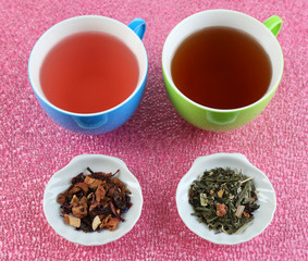 Assortment of tea on color background