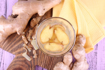 Ginger drink and ginger root and napkin