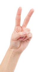 Hand with two fingers up in the peace or victory symbol. Also th