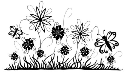 Filigrane Blumenwiese mit Blumen und Schmetterlingen. Sommer.