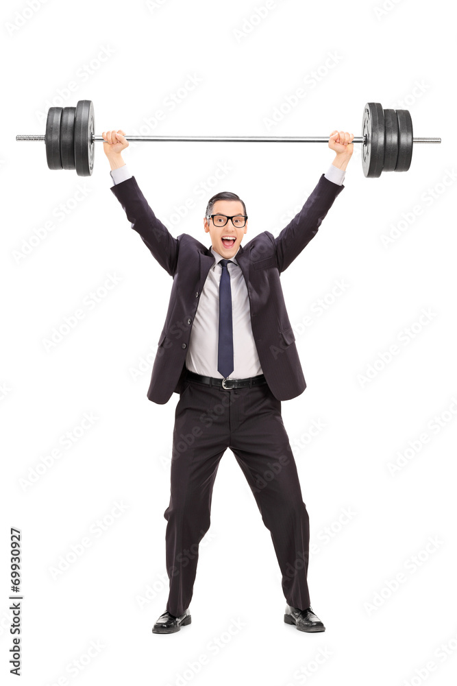 Canvas Prints Strong businessman lifting a heavy weight