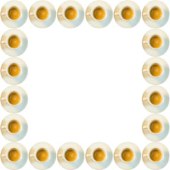 Frame with many coffee cups on white