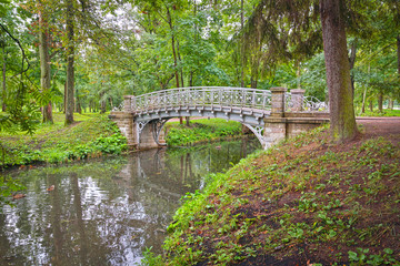 Fototapeta na wymiar Ancient bridge over flow in the park