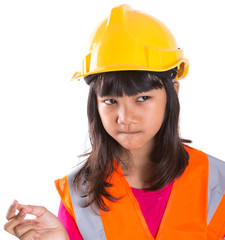 Young preteen Asian girl with hard hat and reflective vest