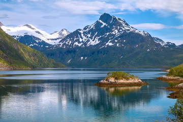 scenic view of fjord and snow mountains, Norway, Lofoten