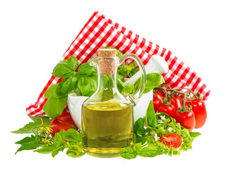 olive oil with fresh basil leaves and tomatoes isolated on white