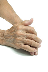 Fototapeta premium Senior woman's holding hand isolated on white