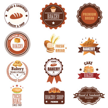 Collection of vintage retro bakery logo badges and labels. Vecto