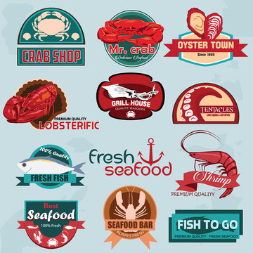 Collection of vintage retro grunge seafood restaurant labels bad