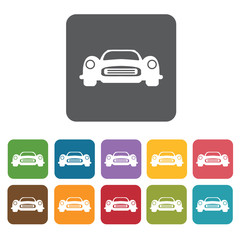 Ancient car front view icons set. Rectangle colourful 12 buttons