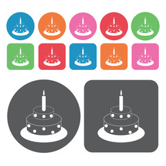 Cakes icons set. Round and rectangle colourful 12 buttons. Vecto
