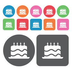 Cakes with candles icons set. Round and rectangle colourful 12 b