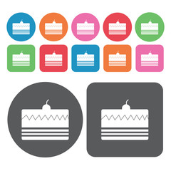 One layer cake with cherry icons set. Round and rectangle colour