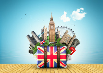 Naklejka premium England, British landmarks, travel and retro suitcase