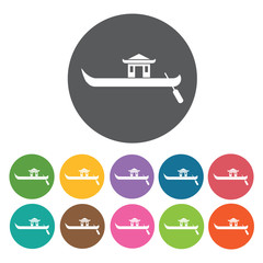Chinese rowing boat icons set. Round colourful 12 buttons. Vecto