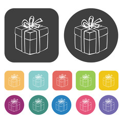 Gift box icons set. Round and rectangle colourful 12 buttons. Ve