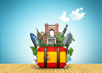 Fototapeta premium Spain, landmarks Madrid and Barcelona, travel suitcase