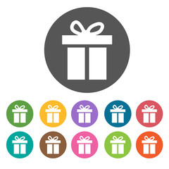 Gift box icons set. Round colourful 12 buttons. Vector illustrat