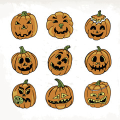 Collection of icons with a terrible pumpkin faces on white