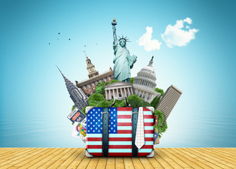 Fototapeta premium USA, landmarks USA, suitcase and New York