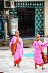 Young Buddhist woman ascetic or nun walking go to study
