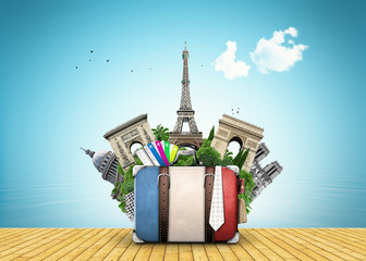 Fototapeta premium France, landmarks Paris, retro suitcase, travel
