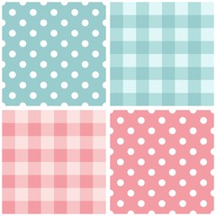 Tile pink and blue vector pattern set with polka dots and  plaid