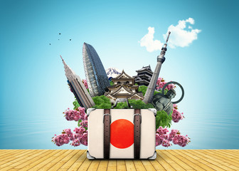 Fototapeta premium Japan, japan landmarks, travel and retro suitcase