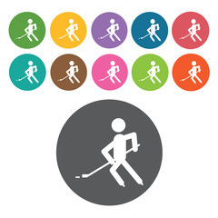 Hockey player sign icon symbol set. Winter sport set. Round colo