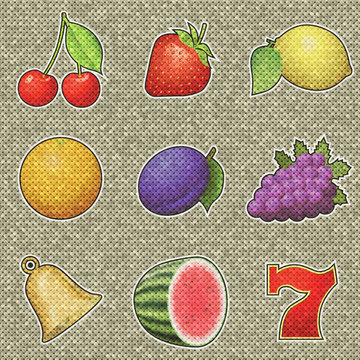 Slot machine fruits relief painting on generated knit texture ba