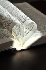 Fototapeta premium Closeup pages of an open book, with heart shaped pages