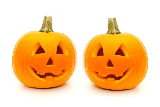 Two cute Halloween Jack o Lanterns isolated on white