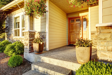 Entrance porch with stone trim