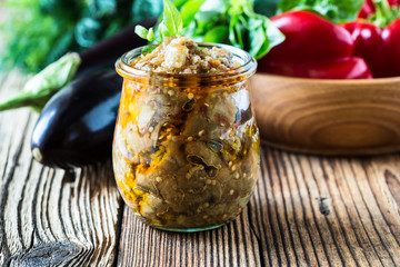 Eggplant preserve in glass jar