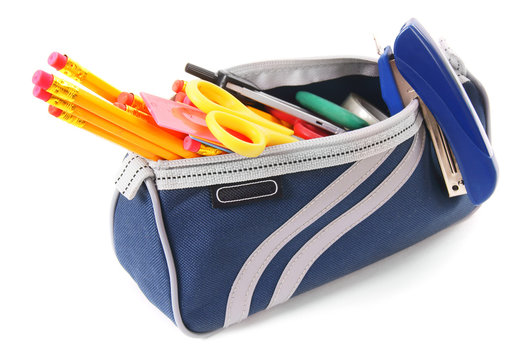 Bag with school tools on a white background.