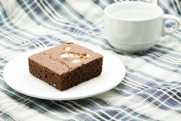 Chocolate brownie with milk ,selective focus