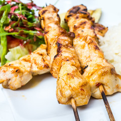 tasty beef steak kabobs with vegetables